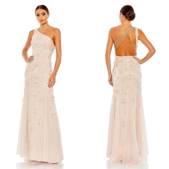 NWT Mac Duggal 9168 One Shoulder Strappy Trumpet Gown Blush - Picture 1 of 6